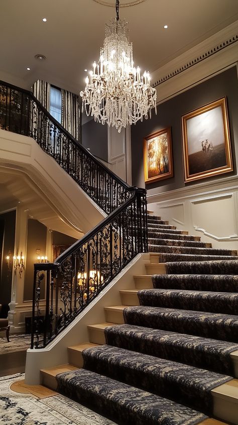 Step into opulence with Leo's statement staircase! 🌟 Marvel at the grand chandelier illuminating the plush carpet runner and ornate banister. Dive into the gallery wall's artistry, all enhanced by dramatic lighting for an unforgettable entrance. 🏛️✨ #HomeGoals #InteriorDesign #LuxuryLiving Butterfly Staircase, Grand Staircase Entrance, House Interior Stairs, Sweet Like Candy Perfume, Countryside Manor, Luxurious Staircase, Retro Backdrop, Grand Hallway, Home Motivation