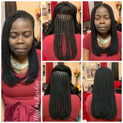 Micro Box Braids With Curly Ends, Twists With Bangs, Hair Schedule, Random Hairstyles, Aesthetic Braids, Short Knotless, Micro Braids Styles, Invisible Locs, Bangs Extensions