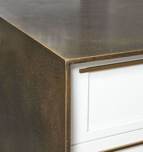 Don't love the hammered aspect, but the bronze is very pretty White And Bronze Kitchen, Kitchen Bar Design, Bronze Kitchen, Counter Seating, Custom Kitchens, Lacquered Wood, Shaker Kitchen, Kitchen Room Design, Countertop Materials