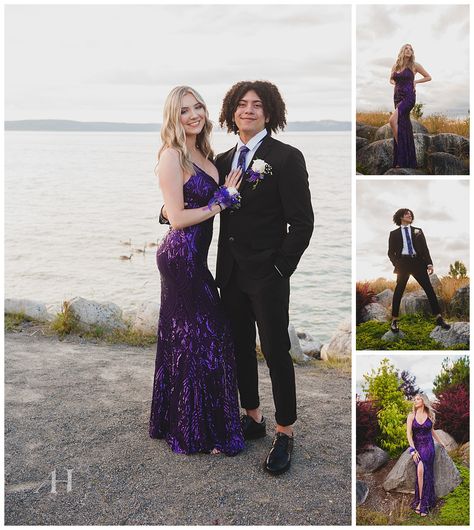 Prom Dresses With Matching Suit, Purple Prom Dress And Suit, Dark Purple Hoco Couple, Makeup To Match Purple Dress, Purple Prom Tux, Purple Prom Outfits, Dark Purple Prom Dress Couple, Purple And Black Prom Couple, Purple Homecoming Couple