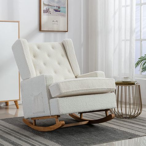 Rocking Chair Nursery,Upholstered Glider Chair for Nursery,Mid Century Modern Oversized Wingback Armchair for Living Room(White Comfy Rocking Chair, Mid Century Modern Nursery, Chair Nursery, Upholstered Rocking Chairs, Rocking Armchair, Rocking Chair Nursery, Glider Rocker, Wingback Armchair, Rocker Chairs