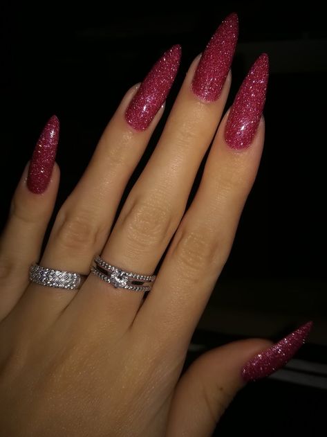 Glittery Hot Pink Nails, Magenta Glitter Nails, Dark Pink Glitter Nails, Pink Glitter Stiletto Nails, Hot Pink Sparkly Nails, Pink Sparkly Acrylic Nails, Dark Glitter Nails, Dark Nails With Glitter, Pink Shiny Nails