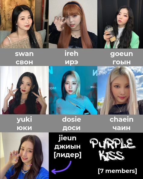 Purple Kiss With Names, Kpop Members Names, Purple Kiss Members, Kiss Names, Kpop Names, Kpop Group Names, Group Names, Kiss Members, Fantasy Names