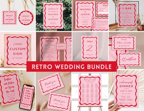 Pink and Red Retro Wedding Bundle Retro Invitation Suite - Etsy Australia Pink And Red Wedding Invitations, Retro Wedding Aesthetic, Retro Wedding Stationery, Retro Invitation, Valentines Wedding, Minimalist Wedding Decor, Birthday Brunch, Wedding 2025, Wedding Tags