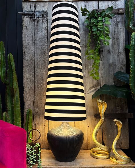 S T O C K C H E C K It’s like a #fitcheck but way better. These absolute fitties have all just come back into stock. Our conical Beetlejuice lamp has been out of stock for so long we forget how effing fabulous it is in real life. Limited stock so get involved. Jo x #colorfulhome #maximalistinteriors #dopaminedecor #lampshademaking #lampshadedesign #lampshadedesigner #darkdecor #maximalistinteriors #lovefrankie #mycolourfulinterior #beetlejuice #blackandwhitestripes Cone Lampshade, Handmade Lampshades, Lounge Ideas, Silk Wallpaper, Statement Lighting, Standard Lamps, Free Fabric Swatches, Etched Designs, Wooden Lamp