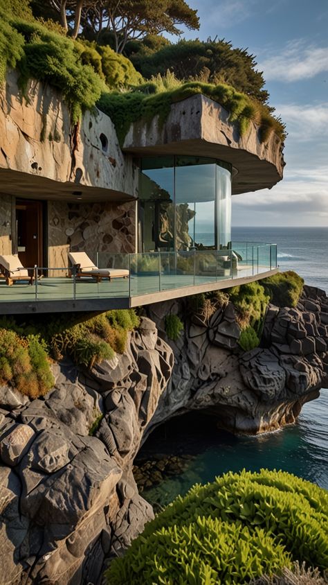 Designed to look like a natural rock formation, this eco-friendly retreat features tree roots woven into its interiors, moss-covered walls, and breathtaking glass floors revealing the ocean below. The ultimate nature-inspired living space! 🌊✨ #BiophilicDesign #CliffsideRetreat #EcoHome Organic Architecture Design, Architecture Design Ideas, Moss Covered, Organic Architecture, Glass Floor, Tree Roots, Natural Rock, Eco House, Inspired Living