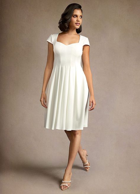 Klea White Sweetheart Midi Dress | Azazie Catholic Wedding Dresses, White Formal Dresses, Rehersal Dinner Dresses, Sweetheart Midi Dress, Atelier Dress, White Knee Length Dress, Simple White Dress, White Dress Formal, Scalloped Neckline