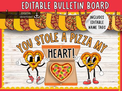 valentine bulletin board | funny bulletin kit | february display board | pizza display kit | editable bulletin | food bulletin board | by SlidesAndStyle on Etsy Valentine Bulletin Board, Pizza Display, Powerpoint Images, Retro Pizza, Food Bulletin Boards, Valentine Bulletin Boards, A Pizza My Heart, Cute Bulletin Boards, Pizza My Heart