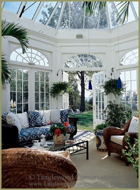 This is the interior of the Classic Conservatory that is shown on P. 6 of the Conservatory Photo Gallery on our website. The doors open out onto a sumptuous green shaded by the antique oak. The river is seen off in the distance below Conservatory Interior, Conservatory Design, Sunroom Designs, Lots Of Windows, Enchanted Home, Glass Roof, Glass House, Outdoor Rooms, Beautiful Space