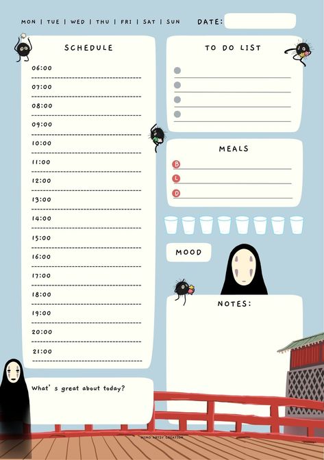 Spirited Away No Face Daily Planner | Studio Ghibli | Printable Planner by  Rose Johnson Anime Planner Printables, Studio Ghibli Planner Template, Anime Digital Planner, Kawaii Daily Planner Template, Lists For Planners, Free Pocket Planner Printables, Anime Daily Planner, Anime Planner Template, Studio Ghibli Planner