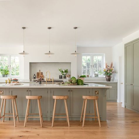 Light Coloured Kitchens, Cape Kitchen, Neptune Kitchen, Modern Country Kitchens, Guildford Surrey, Open Plan Kitchen Dining Living, Sage Green Kitchen, Country Kitchen Designs, Open Plan Kitchen Dining