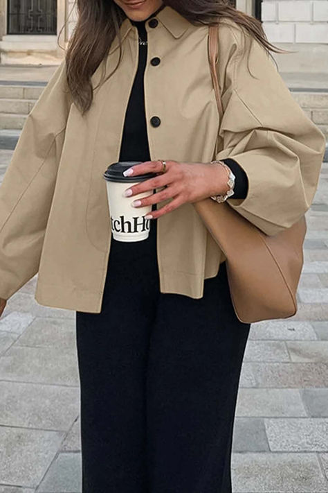 Casual Street Solid Color Pocket Buttons Turndown Collar Outerwear Short Trench Coat Outfit, Short Coats Women, Dirndl Outfit, Short Trench Coat, Trench Coat Outfit, Classy Clothes, Bandeau Tops, Winter Pattern, Spring Coat