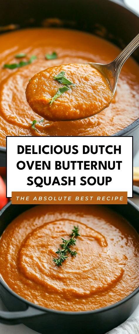 Image for Delicious Dutch Oven Butternut Squash Soup Harvest Soup Recipes Fall, Winter Squash Soup, Soup Lovers, Best Dutch Oven, Butternut Soup, Butternut Squash Recipes Soup, Squash Soup Recipe, Dutch Oven Recipes, Fall Soups