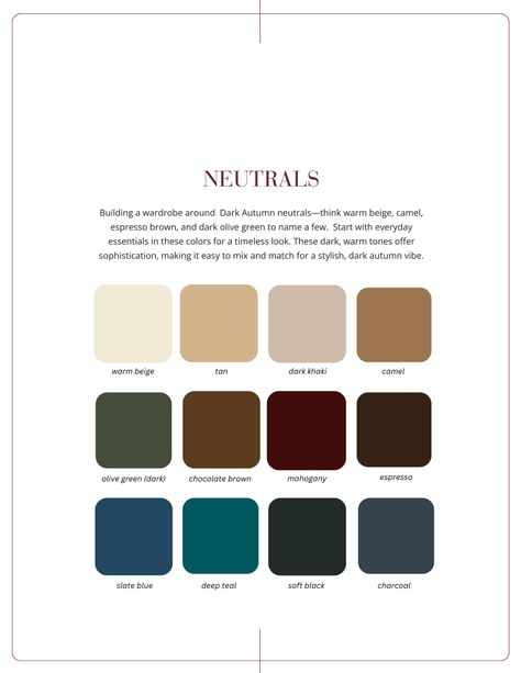 Romantic Dark Autumn, Dark Autumn Vs Dark Winter, Dark Deep Autumn Color Palette, Deep Autumn Capsule Wardrobe, Werewolf Girlfriend, Dark Autumn Color Palette, Building Wardrobe, Deep Autumn Palette, Palette Aesthetic