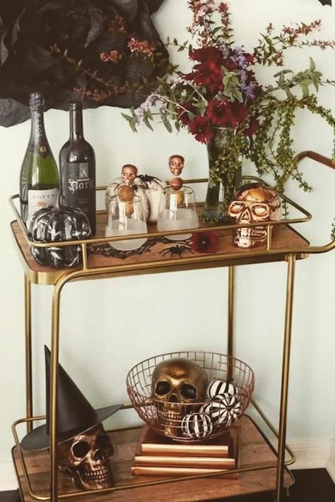 Booze Cart, Cart Decorating Ideas, Halloween Bar Cart, Cheers Witches, Creepy Home Decor, Decorating Halloween, Halloween Bar, Bar Cart Styling, Halloween Witches