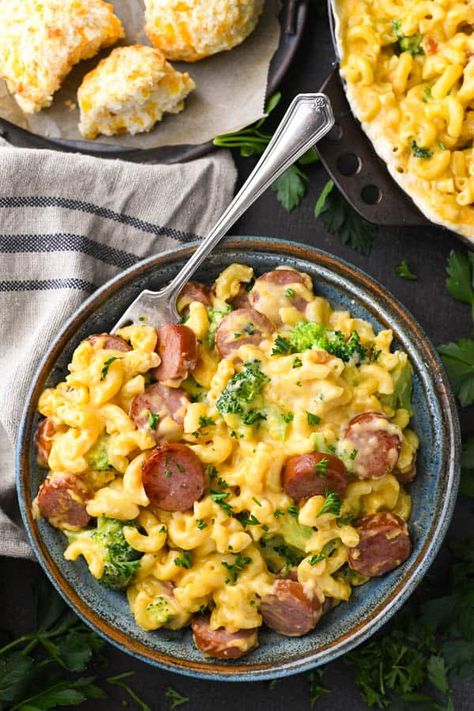 You can't beat the ease of this creamy and cheesy Smoked Sausage Pasta for a 30-minute dinner that the whole family will love. Made-from-scratch skillet mac and cheese is tossed with kielbasa and tender broccoli florets so that you get an entire meal in one pan. Cheesy Smoked Sausage Pasta, Sausage Pasta Skillet, Broccoli Sausage, Skillet Mac And Cheese, Sausage And Broccoli, Smoked Sausage Pasta, Pasta With Broccoli, Smoked Sausage Recipes, The Seasoned Mom