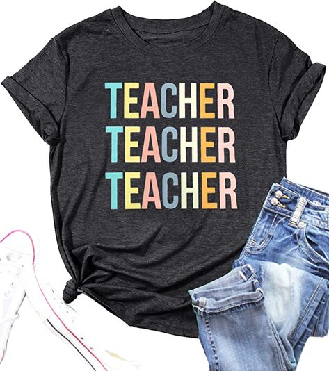 PECHAR Teacher Shirts Women Funny Teach Printed Graphic Tshirt Short Sleeve T-Shirt Blouse Teacher Gifts Tops Tee at Amazon Women’s Clothing store Teacher Design, Teacher Outfit, Teacher Style, Amazon Women, T Shirt And Shorts, Short Sleeve Blouse, Top Tee, Teacher Shirts, Work Fashion