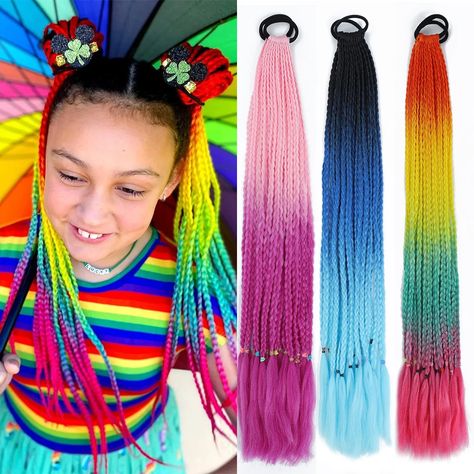 0.99US $ 69% OFF|AZQUEEN Synthetic Colored Braided Ponytail Hair Extension Rainbow Color Braids Pony Tail With Elastic Band Girl's Pigtail Colored Braided Ponytail, Color Braids, Rainbow Braids, Braided Pony, Colored Braids, Ponytail Hair Extensions, Ponytail Hair, Curly Girl Hairstyles, Braids For Kids