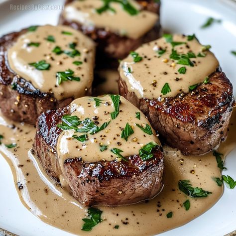 Peppercorn Steak with Creamy Sauce Recipe | Gourmet Steak Dinner - Recipes By Clare Filet Mignon With Shallot Peppercorn Cream Sauce, Cognac Steak Sauce, Beef Tenderloin With Peppercorn Sauce, Steak With Pesto Sauce, Whiskey Sauce For Steak, Petite Filet Mignon Recipe, Pepper Corn Sauce For Steak, Steak Peppercorn Sauce, Whiskey Peppercorn Sauce For Steak