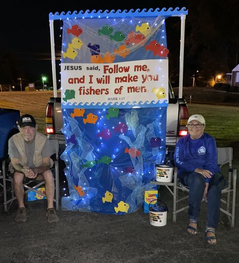 Go Fish Trunk Or Treat, Fall Festival Fishing Booth, Fishing Trunk Or Treat Ideas For Cars, Fisher Of Men Trunk Or Treat, Trunk Or Treat Fishing Theme, Fish Trunk Or Treat, Fishing Trunk Or Treat Ideas, Trunk Or Treat Fishing, Fishers Of Men Trunk Or Treat Ideas