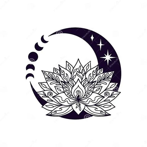 Crescent Moon and Lotus Flower Mystial Symbol with Moon Phases. Stock Vector - Illustration of witchy, celestial: 252907541 Lotus Artwork, Sanskrit Symbols, Celestial Tattoo, Celtic Moon, Moon Mandala, Voodoo Spells, Moon Drawing, Lotus Tattoo, Henna Tattoo Designs