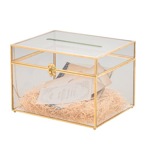 PRICES MAY VARY. This is a super large rectangle shape beautiful glass card box, with top slot It is great for centerpiece container on your table Size: 12 x 9.4 x 8.4 inches / 30.5 x 24 x 21.5cm , card slot 7.8 inches / 20 cm, It can hold up to 200pcs 4x6 inch cards It is also ideal for wedding cards box / envelop reception wishwell keepsake photo box Material: Glass, brass; Shape: rectangle shape with feet Terrarium only, Decoration are Not Included 1. This is a super large rectangle shape bea Wedding Card Box Ikea Greenhouse, Glass Wedding Card Box, Gold Card Box, Gold Votive Candles, Gold Centerpiece, Party Reception, Gold Centerpieces, Envelope Box, Large Wedding