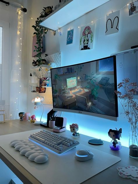 Game Room Desk, Wfh Aesthetic, Home Gaming Room, Study Desk Bedroom, Cozy Gaming Room, Room Desk Ideas, Cozy Gaming Setup, Cozy Setup, Gamer Bedroom