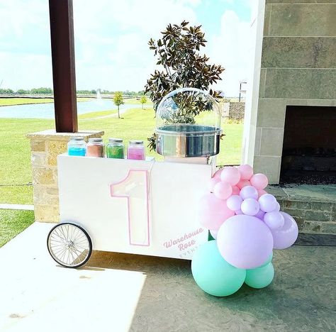 Cotton Candy Holder Stand, Cotton Candy Cart Ideas, Cotton Candy Sticks, Party Cart, Cotton Candy Cart, Candy Business, Evelyn Rose, Cotton Candy Party, Rock Candy Sticks