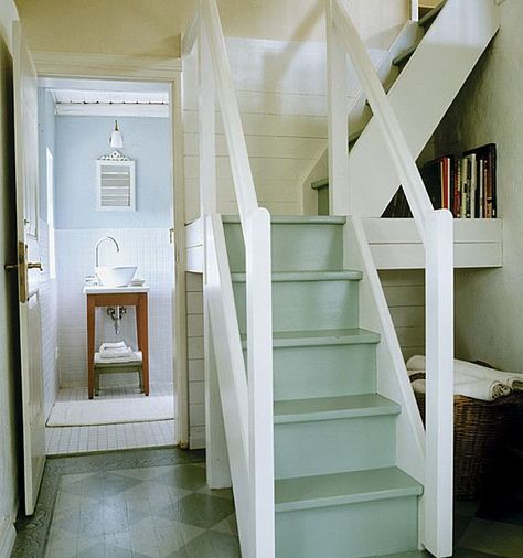 painted-stairs Farmhouse Staircase, Basement Steps, Barn Loft, Tiny House Stairs, Loft Stairs, Attic Stairs, Attic Bathroom, Storybook Cottage, Painted Stairs