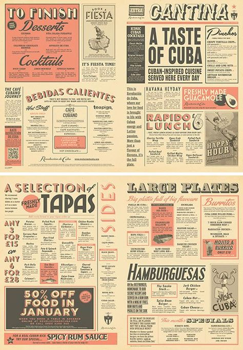 Retro Brochure, Restaurant Layout, Bar Deco, Menu Design Inspiration, Diner Menu, Cafe Menu Design, Newspaper Layout, Menu Layout, Cuban Style