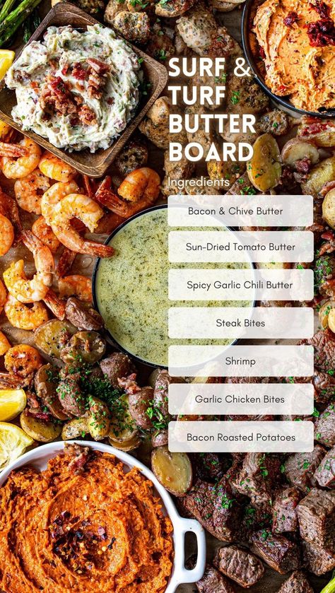 Compound Butters in Dishes on a Cutting Board with Steak, Chicken, Shrimp, and Potatoes to make a Super Bowl Inspired Butter Board. Surf N Turf Recipes, Chili Butter, Chive Butter, Charcuterie Board Meats, Butter Board, Tomato Butter, Seasoned Butter, Steak And Shrimp, Surf Turf