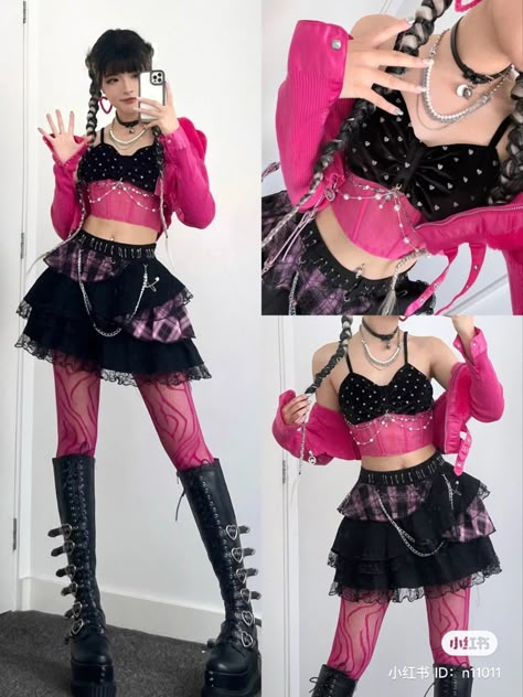 Pink And Black Kpop Outfits, Bubblegum Punk Fashion, Punk Harajuku Outfits, Hyperpop Concert Outfit, Alt Barbie Outfits, Black And Pink Punk Aesthetic, Cute Idol Outfits, Hyperpop Aesthetic Fashion, Pink Rock Outfit