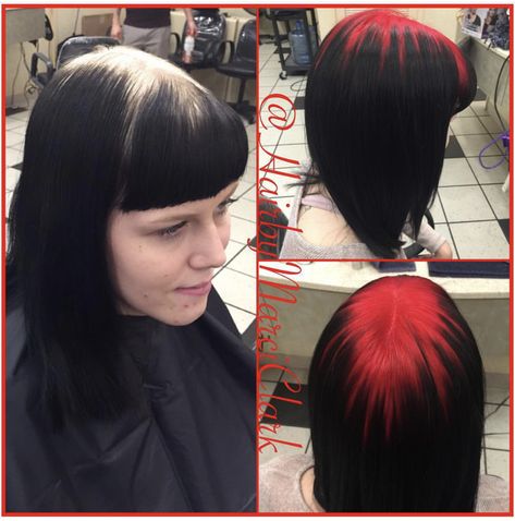 Red Shadow Root Black Hair, Funky Colored Hair, Black Hair With Red Roots, Coloured Roots On Black Hair, Black Hair With Colored Roots, Red Shadow Root, Red Ghost Roots, Red Roots Black Hair, Dyed Roots On Black Hair