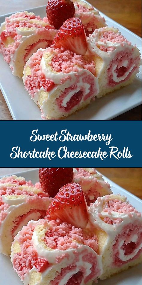 Delight your taste buds with these Sweet Strawberry Shortcake Cheesecake Rolls, a dessert that brings together the creamy richness of cheesecake and the fruity sweetness of strawberries. Perfect for special occasions or as a weekend treat, these rolls are a must-try for anyone who loves a combination of flavors and textures in their desserts. Twinkie Cake Recipe, Cheesecake Rolls, Sweets To Bake, Cheese Cake Filling, Strawberry Shortcake Cheesecake, Banana Split Dessert, Strawberry Cream Cakes, Bake Ideas, Cake Filling