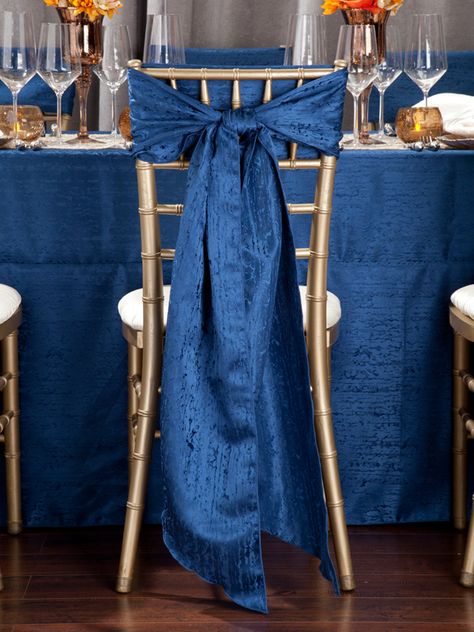 Chair Decoration Ideas, Gold Tables, Blue Table Cloth, Golden Chair, Gold Chairs, Chair Ties, Wedding Chair Decorations, Gold Chair, Chair Sash