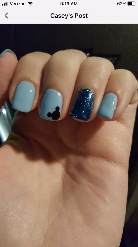 Nails For Disney Cruise, Teal Disney Nails, Blue Mickey Nails, Easy Disney Nails Short, Disney Mani Pedi, Blue Mickey Mouse Nails, Mickey Pedicure, Short Almond Disney Nails, Disney Nails For Short Nails