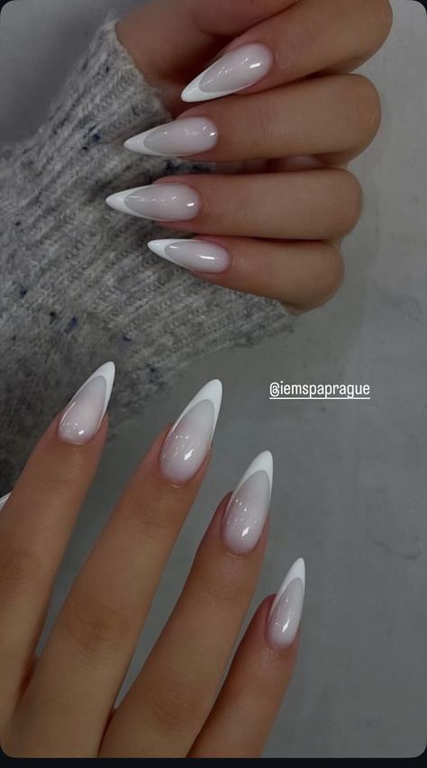 Nails Acrylic Pointy Shape, Almond Point Nails, White Pointy Nails, Pointy Almond Nails, Pointy Almond, Almond Acrylic Nails Designs, Pointy Nails, White French Tip, White Nail Designs