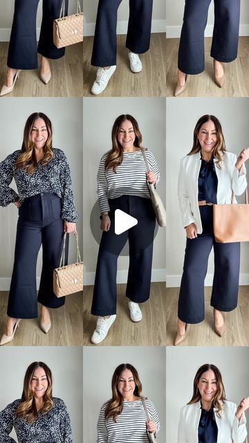 Ryanne Janca on Instagram: "MIDSIZE WORKWEAR 🤍 3 Ways to Wear Cropped Wide Leg Pants  These super stretchy ponte pants are under $50 and are a nice thickness so they also help smooth!   I paired these for 3 levels of workwear 👉🏻 professional, business casual and casual. The navy works great with white for a classic costal vibe, perfect for spring!  👇🏻Which is your favorite 1, 2 or 3?  📲 Comment SHOP for detailed sizing & outfit links to your DM (you must be following me for it to work!!)  👋🏻 FOLLOW for more mid-size, size 12/14 L/XL workwear outfit inspo @therecruitermom  #workwearstyle #size12 #businesscasual #classicstyle #workpants #quince #evereve   Size 12, size 14, workwear, midsize outfit, back to the office, meeting outfit, elevated basics, spring workwear" Wide Leg Navy Pants Outfit, Office Meeting Outfit, Curvy Professional Work Outfits, Workwear Midsize, Navy Wide Leg Pants Outfit, Mid Size Office Outfits, Midsize Workwear, Apartment Packing List, Dorm Packing List