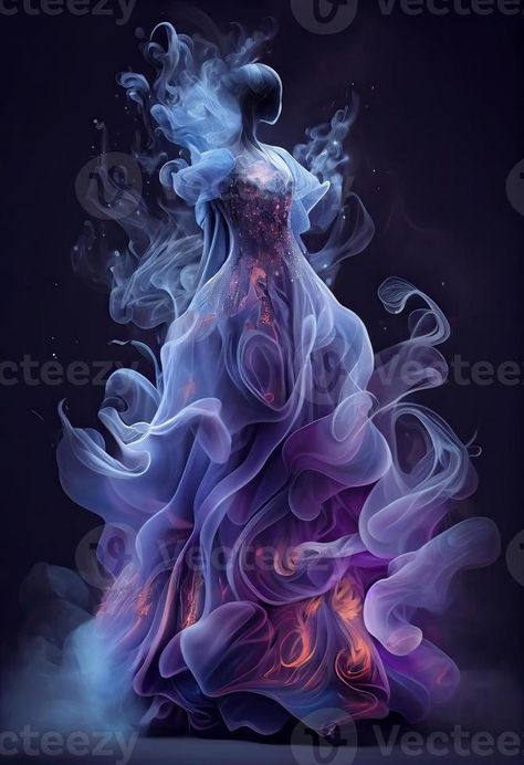 Generative AI illustration of Fashion design, dress made from clouds, smoke, mist, shining, spark, sparkling, flora background, bright, cloth folds wave air, glowing, fairy, full length dress Air Element Dress, Air Inspired Dress, Cloud Character Design, Cloud Dresses, Elemental Fashion, Lightning Dress, Air Fairy, Cloud Fairy, Glowing Dress