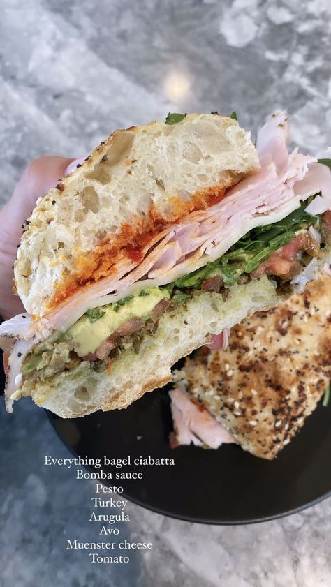 Ciabatta Sandwich, Everything But The Bagel, Muenster Cheese, Pesto Sauce, Everything Bagel, Arugula, Pesto, Breakfast Recipes, Sandwiches