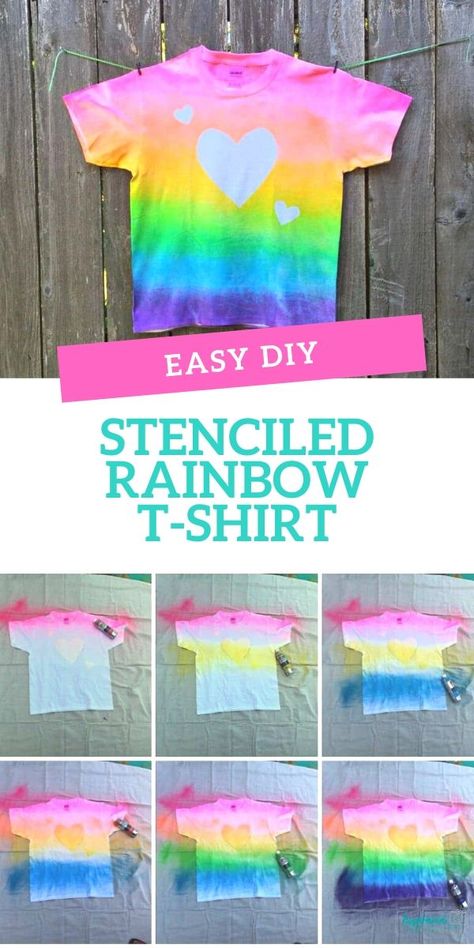 This easy stenciled rainbow t-shirt is a cute DIY project that's perfect to keep kids entertained during the summer months. Distressed Tshirt Diy, Diy Crafts For Teen Girls, Make Craft, Diy Crafts For Teens, Cute Diy Projects, Diy T Shirt, Diy Tie, Rainbow T Shirt, Craft Day