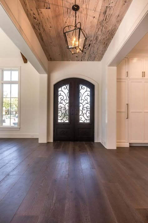 Wood Ceiling Foyer, French Country Ceiling Ideas, Pecky Cypress Ceilings, Foyer Ceiling Design, Foyer Ceiling Ideas, French Country Foyer, Country Style Interior Design, Cypress Paneling, Pecky Cypress Paneling