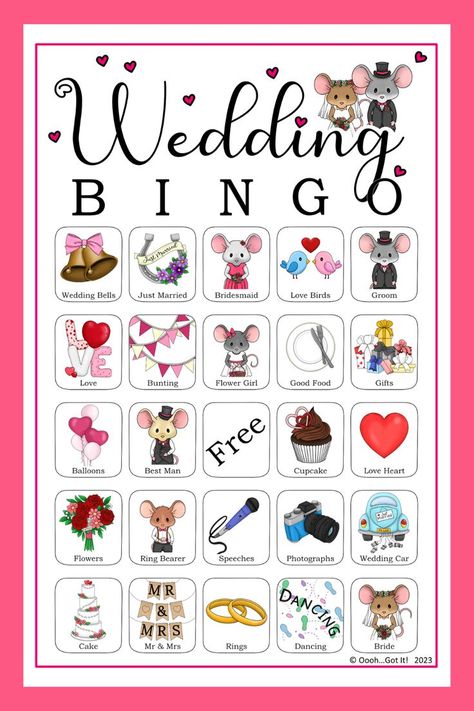 Looking for a unique and charming addition to your wedding festivities? Our printable wedding bingo cards, showcasing adorable mice in wedding outfits, are a must-have! These cute cards will keep your guests entertained throughout the reception. Download and print our wedding bingo cards to ensure a memorable and fun-filled celebration. Printable Wedding Games, Wedding Games For Kids, Wedding Bingo, Fun Wedding Games, Cupcakes For Men, Mrs Ring, Bingo For Kids, Wedding Reception Games, Hand Drawn Wedding