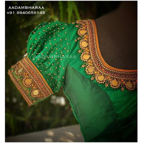 Simple Aari Work Puff Blouse Design, Buff Sleeve Aari Work Blouse, Puff Sleeve Aari Work Blouse, Green Blouse Designs For Saree Bridal, Simple Green Blouse Designs For Saree, Green Silk Blouse Designs, Green Aari Work Blouse, Sleeve Blouse Designs, Green Blouse Designs