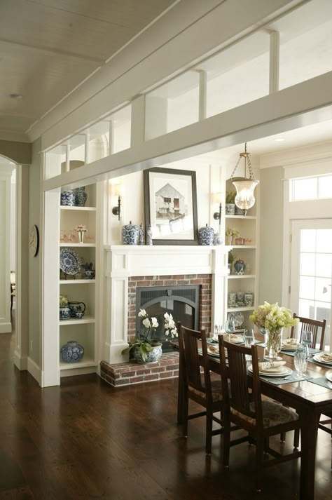 Doorway Next To Fireplace, Breakfast Nook With Fireplace, Moody Coastal Kitchen, Colonial Dining Room Ideas, Cozy Keeping Room Off Kitchen, Kitchen With Keeping Room, Vintage Living Rooms, Dining Room Addition, Edwardian Homes