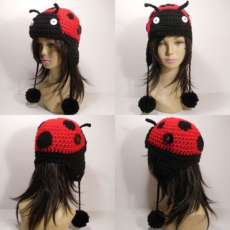 Lucky Ladybug, Crochet Ladybug, Silly Clothes, Flap Hat, Lady Bugs, Fun Crochet Projects, Diy Crochet Projects, Crochet Hat, Black Accents