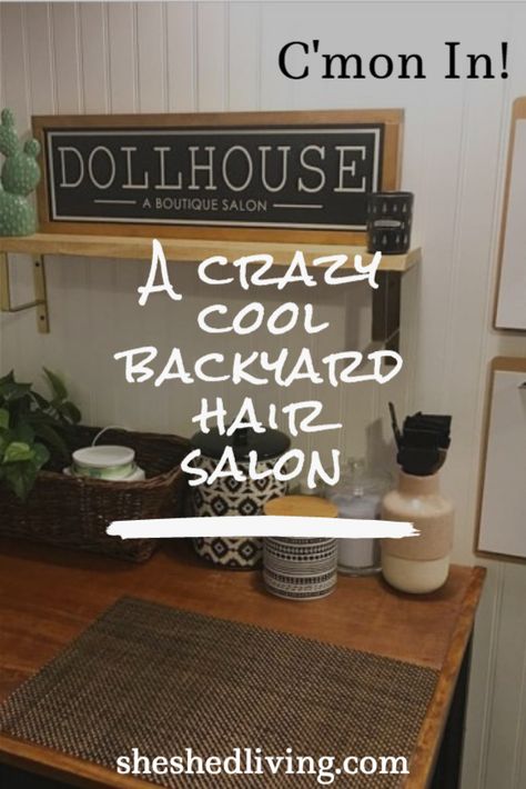 Ideas For Hair Salons Decorating, Tiny Hair Salon Ideas, Shed Salon Ideas Backyard Studio, Salon Shed Backyard Studio, Tiny House Salon, Hair Station Ideas Home, Shed Hair Salon Ideas, Beauty Cabin Salon, Shed Hair Salon