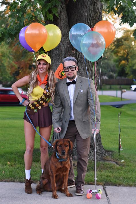 Up Costume Ideas Russell, Up Carl And Russell, Couple Flinstone Costume, Up Halloween Costume With Dog, Russel Up Halloween Costume, Trucker And Lot Lizard Costume, Homemade Space Costumes, Dug From Up Costume Diy, Movie Up Costume Ideas