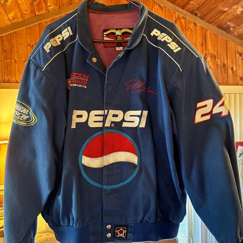 Vintage Jacket Embroidered With Pepsi Logo And Jeff Gordon Signature Pepsi Jacket, Race Car Jacket, Pepsi Man, Vintage Racing Jacket, Pepsi Logo, People Outfits, Aesthetic Warning, Vintage Pepsi, Scaredy Cat