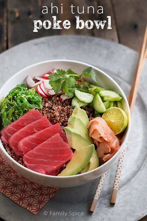 Ahi Poke Bowl with Quinoa Poke Bowl Recipes, Poke Recipes, Ahi Poke Bowl, Poke Recipe, Poke Bowl Recipe, Ahi Poke, Poke Bowls, Bowl Recipes, Sushi Recipes